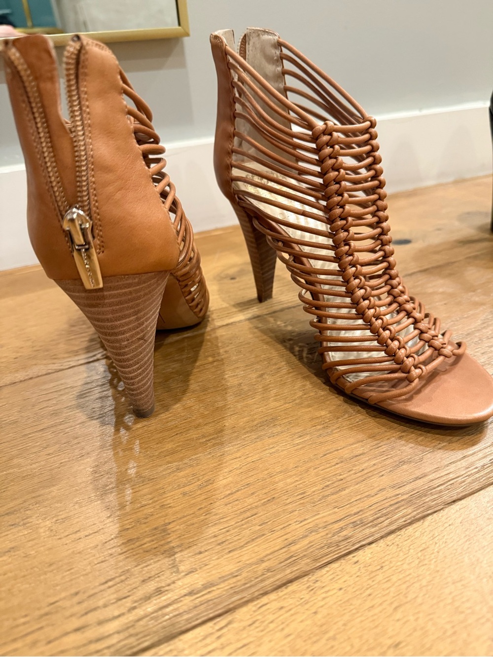 Vince Camuto Tan Braided Cage High Heel Sandals